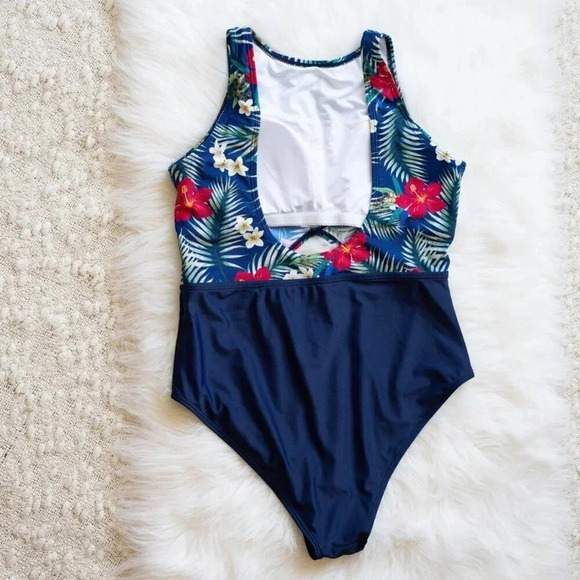 CUPSHE 1/ONE PIECE SWIMSUIT SZ M TROPICAL PRINT NAVY BLUE HI NECK MODEST CUTOUT - Picture 4 of 6